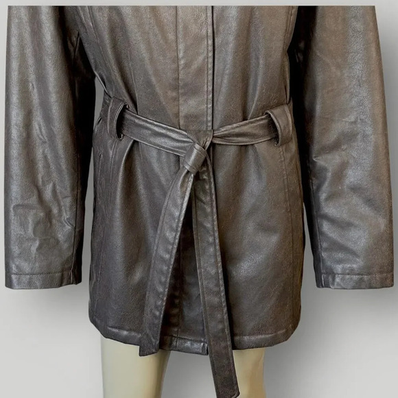 Giacca Vintage Faux Leather Belted Peacoat Jacket Faux Fur Collar Size XL Brown - Picture 5 of 16